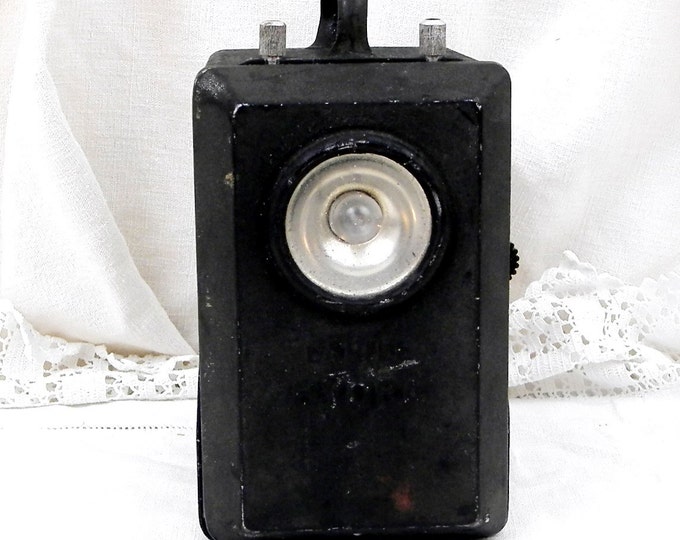 Large Vintage French Black Hand Held Metal Flashlight / Torch, Retro Industrial SNCF Searchlight Lamp, Upcycled Lantern Decor, Light