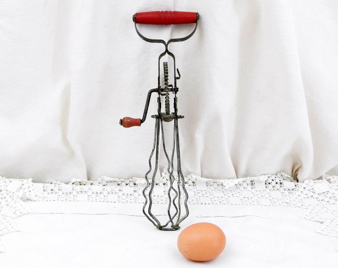 Vintage French Egg Whisk made of Metal and Wood, Mechanical, with Red Wooden Handle, Kitchen Decor, Country Decor, Kitchenalia, Kitchenware