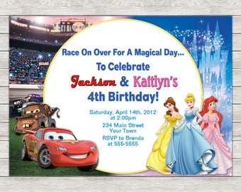 Disney Cars & Princess Birthday Invitation, Joint Twin Invite - Printable File (Digital)