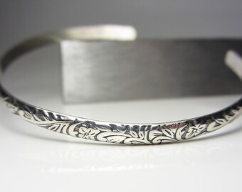 925 Sterling Silver Cuff Bracelet Stackable Bracelet Flower Bracelet Oxidized Bracelet Floral Pattern Bracelet Botanical Bangle Bracelet