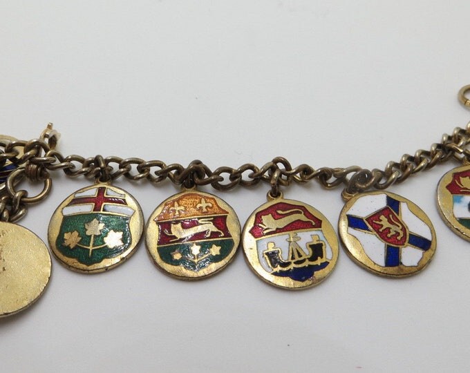 Vintage Enamel Charm Bracelet, Canadian Provinces, Ten Regions Canada, Vintage Souvenir Charms