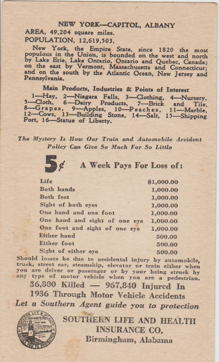 New York Vintage Trade Card Southern Life And Health Insurance