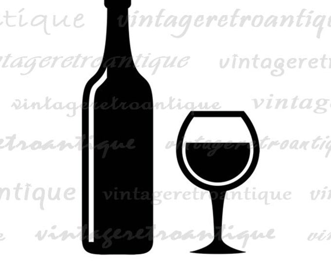 Digital Printable Wine Image Download Wine Bottle and Wine Glass Graphic Antique Clip Art Jpg Png Eps HQ 300dpi No.3984