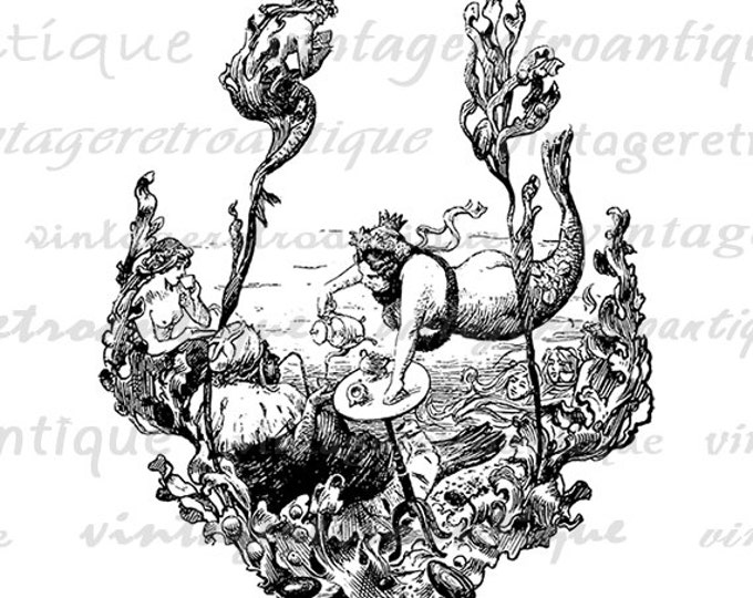 Digital Image Mermaid Tea Party Download Ocean Graphic Printable Vintage Clip Art Jpg Png Eps HQ 300dpi No.3841