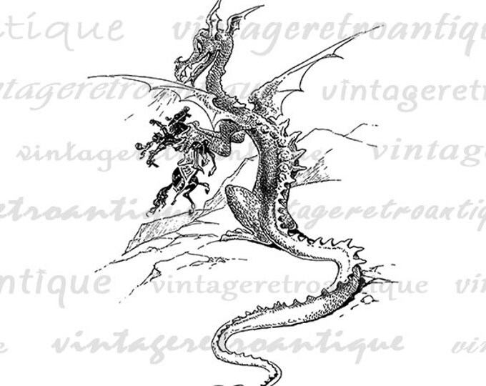 Digital Dragon with Knight Image Graphic Medieval Printable Download Antique Clip Art for Transfers Printing etc HQ 300dpi No.3091