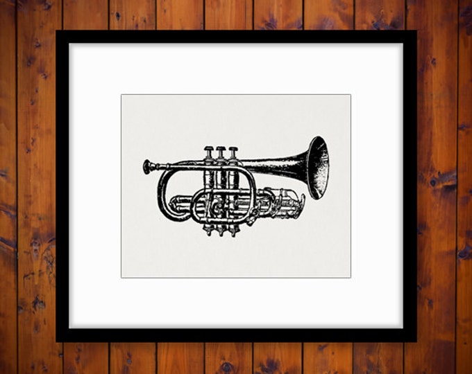 Cornet Trumpet Graphic Printable Image Music Illustration Download Digital Antique Clip Art for Transfers etc HQ 300dpi No.1195