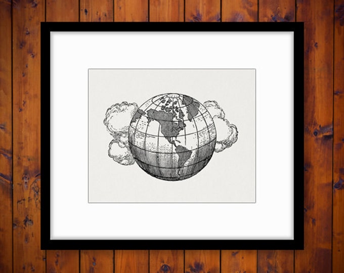 Digital Printable Earth Globe with Clouds Download Planet World Image Graphic Vintage Clip Art for Transfers Printing etc HQ 300dpi No.2972