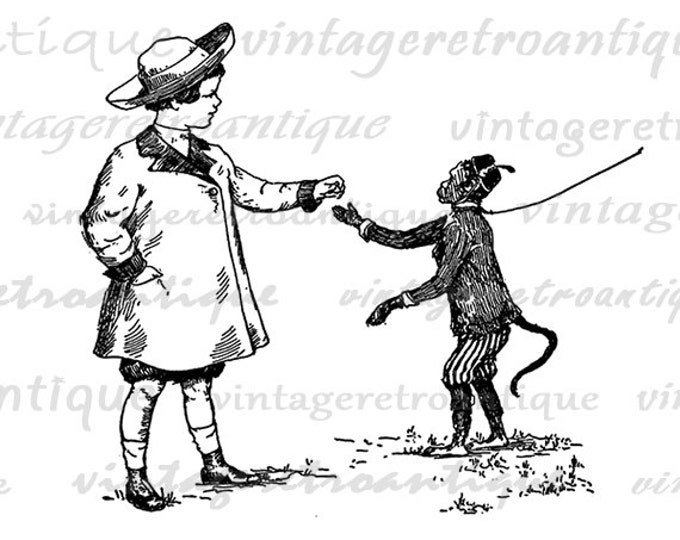 Girl with Monkey Antique Digital Graphic Download Cute Printable Image Vintage Clip Art Jpg Png Eps HQ 300dpi No.301