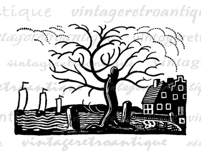 Digital House by the Sea Image Graphic Ocean Home Tree Printable Download Vintage Clip Art Jpg Png Eps HQ 300dpi No.3844