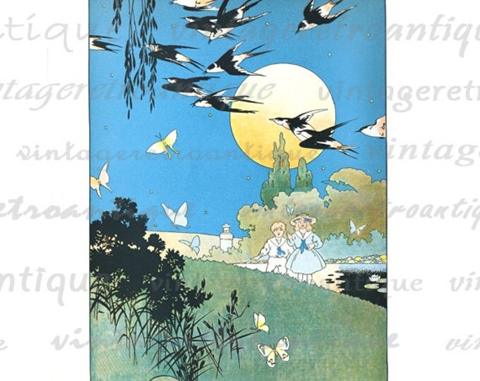 Printable Birds and Butterflies Graphic Image Color Download Digital Antique Clip Art HQ 300dpi No.712