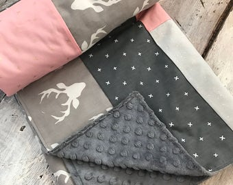 Baby crib blanket, quilt style , deers, grey and gold x on pink, grey minky