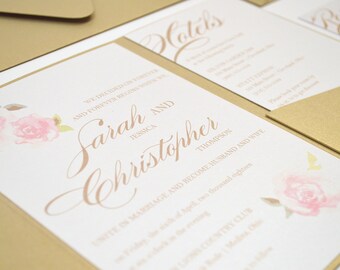 FREE Envelope Addressing! Pink and Gold Romantic Wedding Invitation, Pocketfold, Floral, Blush, Elegant, Garden, Rustic, Pink Roses Design