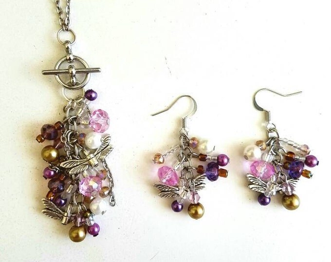 Pink Purple Gold White Dragonfly Beaded Crystal Cluster Earrings