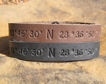 Custom Coordinates Set of 2 - Mens Womens Personalized Leather Bracelet Latitude Longitude GPS Coordinates Cuff Engraved Anniversary Gift