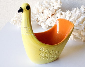Vintage Italian bird dish Bitossi pottery bowl mid century modern yellow retro peacock