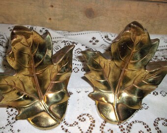 Maple Leaf Bookends Brass Plated Vintage Goldtone Vintage Bookends