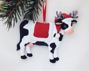 FREE SHIPPING! Cow in Santa Hat with Reindeer Antlers! - Personalized Christmas Ornament - Christmas Cow Ornament - Animal Ornament