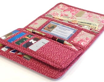 Women's Wallet, Vera Bradley Style Quilted Women's Checkbook Wallet, Vintage Rose Womans Credit Card Wallet, Sweet Raspberry Floral Wallet