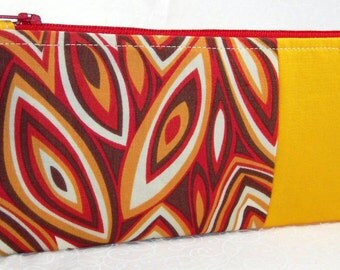 Retro Flames Zipper Bag: orange and gold cosmetic bag, flames fabric pencil case, hippie style makeup bag, brown and rust small zip pouch