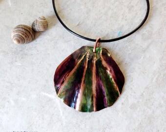 Shell Pendant, Copper Patina Necklace Ink Painted Shell, Large Clam shell Multi color Rustic Metal Jewelry Ocean jewelry Ocean theme