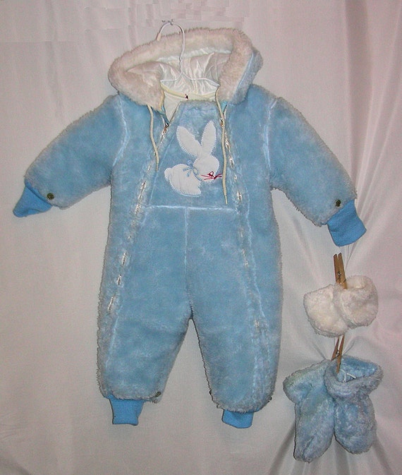 1970s Baby Blue Bunny Hooded Bunting Cold Weather Suit w Mitts Booties Long Zippers Quilted Lining 12 months