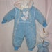 1970s Baby Blue Bunny Hooded Bunting Cold Weather Suit w Mitts Booties Long Zippers Quilted Lining 12 months