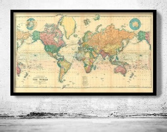 Beautiful World Map Vintage Atlas 1898 Mercator projection