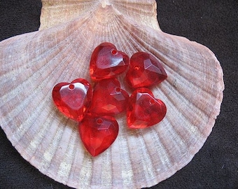 Vintage Lucite Beads Cherry Red Faceted Heart 15mm x 14mm x 7mm - Six pieces