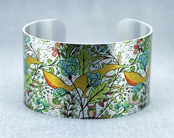 Cuff bracelet, fox jewellery, brushed silver wide metal bangle with woodland animals. Gift for fox lover. C400