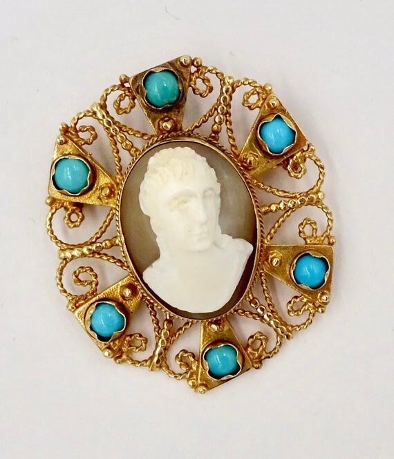 Antique 14k GOLD CAMEO PENDANT Pin Brooch 14k Gold Carved
