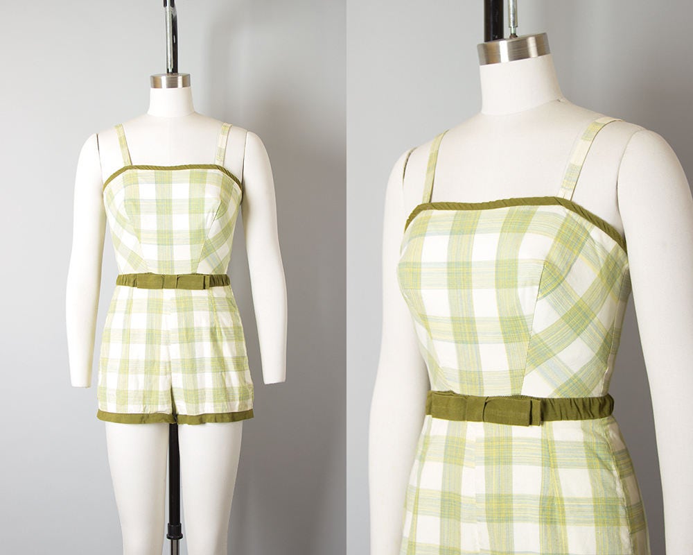 Vintage 1950s Romper 50s Gingham Plaid Cotton Green One