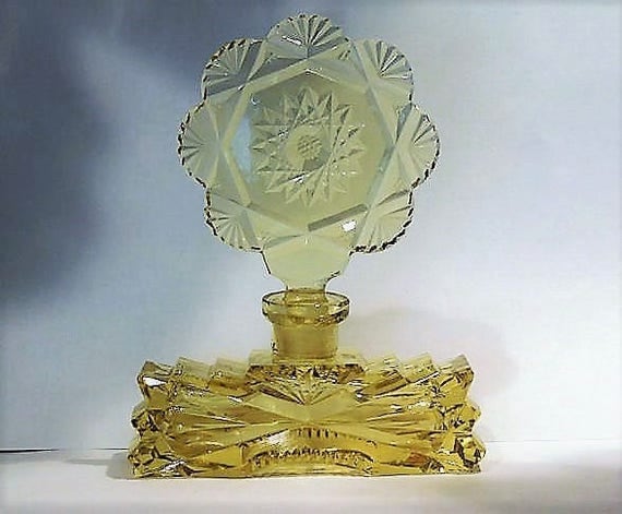 Czech Perfume Bottle Art Deco 1920s 1930s Cut Yellow Crystal Glass Made Czechoslovakia Antique Vintage Vanity Cologne Bohemian Old Hollywood