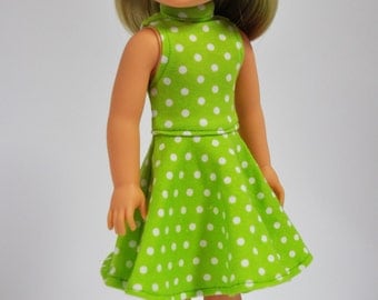 Lime Green Polka Dot Sleeveless Mock Neck Skater Dress made to fit Wellie Wishers Doll Clothes 14.5 Inch Doll Clothes