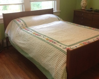 Full / Double Chenile white Bedspread with multi flower border edged in green. 82" x 101" - hard-to-see repair to top edge
