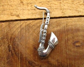 Vintage Sterling Silver Marcasite Saxophone Pin - Marcasite Silver Sax Horn Brooch - Jazz Pin