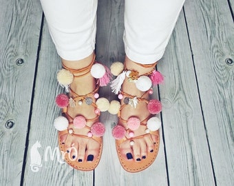 Model ROMANTICA --- ON ORDER--Sandals boho style,pom poms sandals, leather sandals, boho sandals, lace up sandals