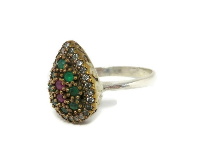 Vintage Emerald Ruby Topaz Ring, Two Tone Sterling Silver Ring, Pear Shaped Ring, Size 7.5