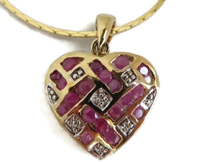 Ruby and Diamond Heart Pendant, Gold Plated Sterling Silver Pendant with Cobra Chain