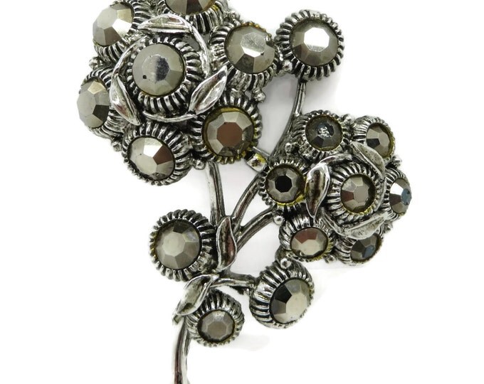 ON SALE Vintage WEISS Hematite Rhinestone Silver Tone Flower Brooch Pin