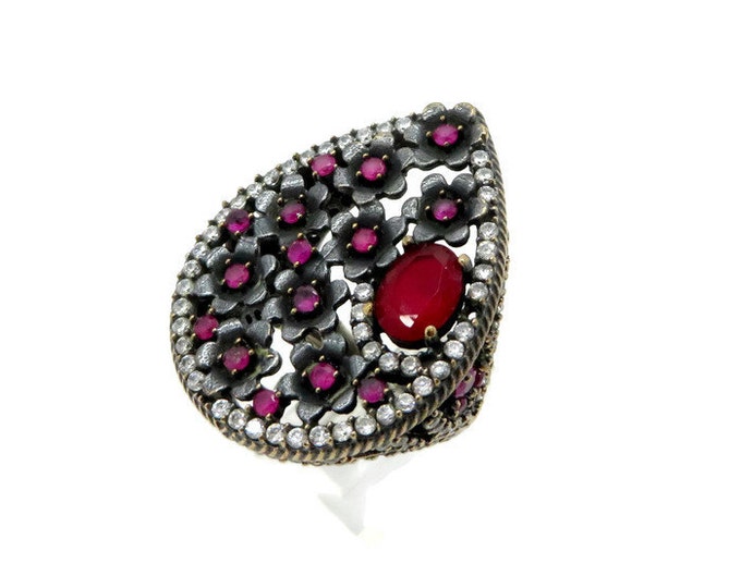 Vintage Ruby and Topaz Sterling Silver Ring, Pear Shaped Statement Ring, Size 8