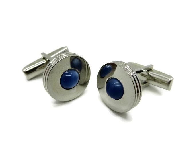 Vintage Pioneer Blue Tiger Eye Silver Tone Cufflinks, Men's Suit Accessory