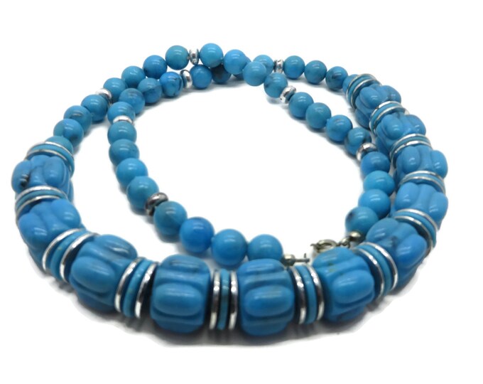 Vintage Blue Beaded Necklace, Chunky Drum Bead Necklace