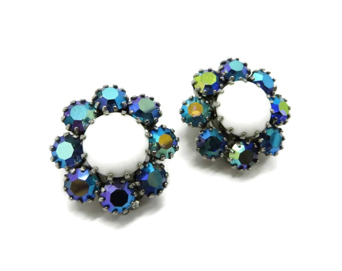 Weiss Milk Glass Earrings, Vintage AB Rhinestone Flower Clip-on Earrings