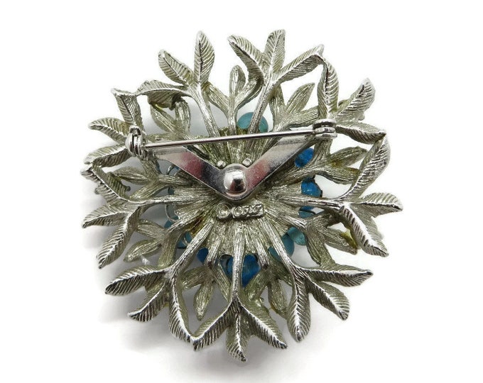 Coro Silver Tone Blue and White Bead AB Rhinestone Flower Brooch Pin