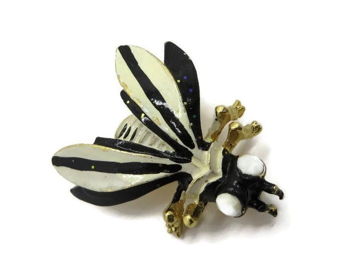 Weiss Bee Brooch, Vintge Black and Cream Enamel Bee Pin, Gold Tone Wasp Brooch
