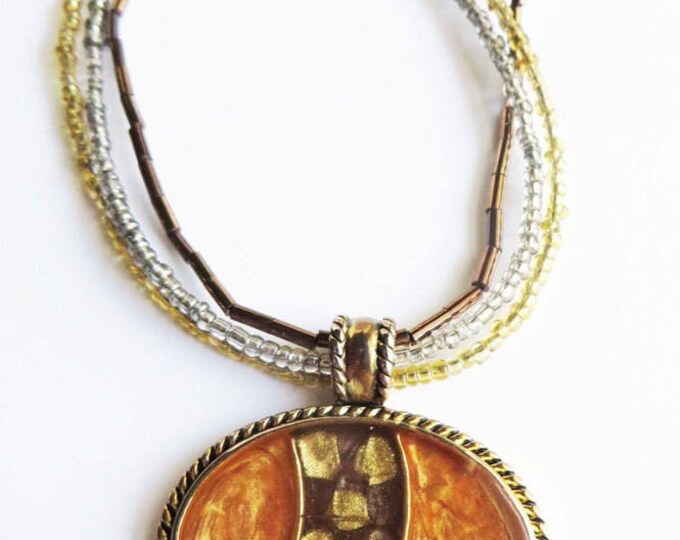 Vintage KC Pendant Necklace, Oval Amber Medallion Costume Jewelry Triple Strand Boho Bead Necklace Gift Idea