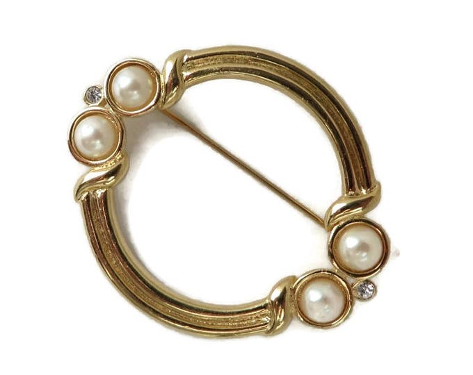 Monet Circle Brooch - Vintage Gold Tone Faux Pearl, Rhinestone Pin, Designer Signed, Gift for Her, Gift Boxed