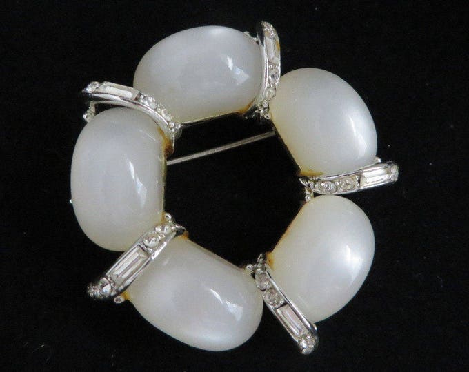Kramer Brooch - Vintage White Moonstone Pin, Signed Designer Brooch, Crystal Baguette Wreath Pin, Gift Boxed