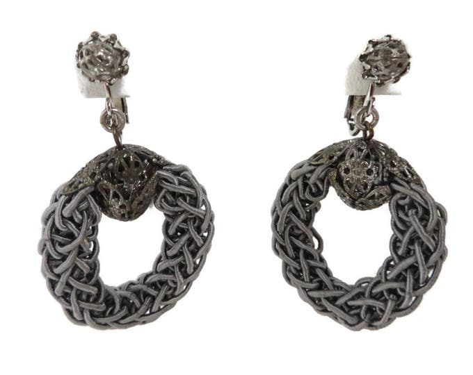 Miriam Haskell Dangling Earrings Vintage Filigree Ball Gray Braided Silk Hoop Screw Back Earrings