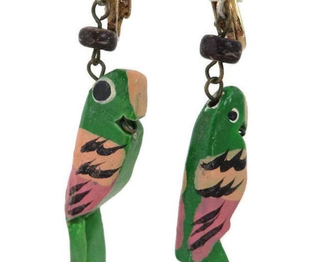 Green Parrot Earrings, Vintage Wood Parrot Dangling Clip on Earrings, Costume Jewelry Gift Idea
